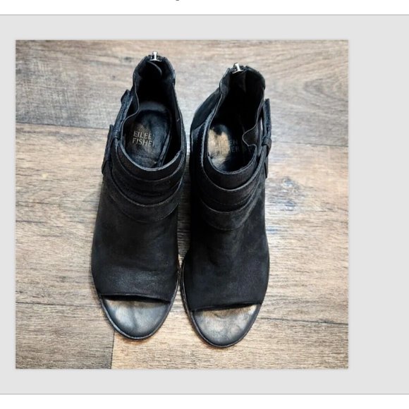 Eileen Fisher List Black Leather Peep Toe Ankle Booties - Picture 5 of 16